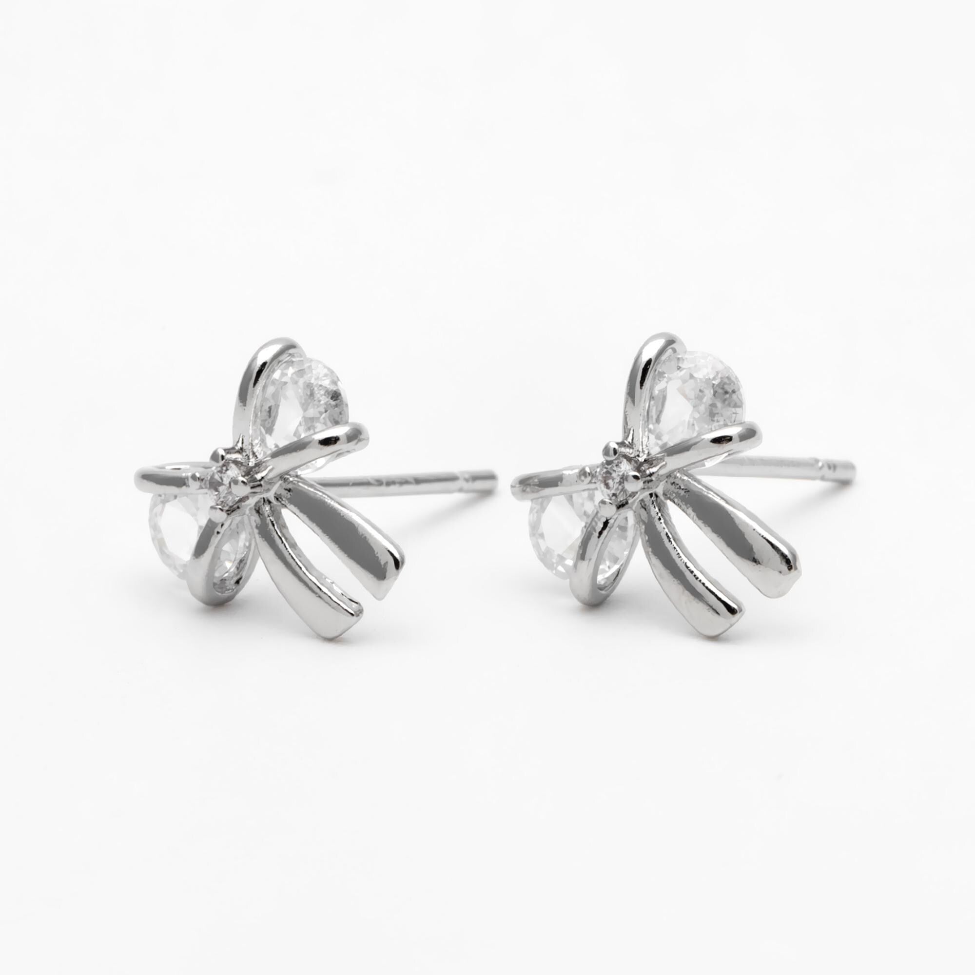 10pcs CZ Pave Gold/ Silver Bowknot Earrings, 18K Real Gold/ Rhodium plated Brass, Bow Knot Stud Earring (GB-139-F)